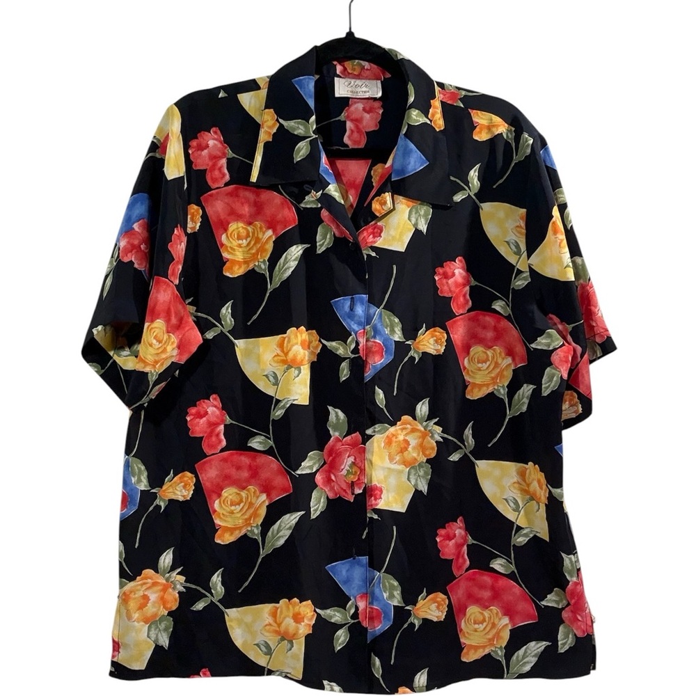 Voir Collection Floral Button Up Blouse Size M Vintage Black Multicolor Top